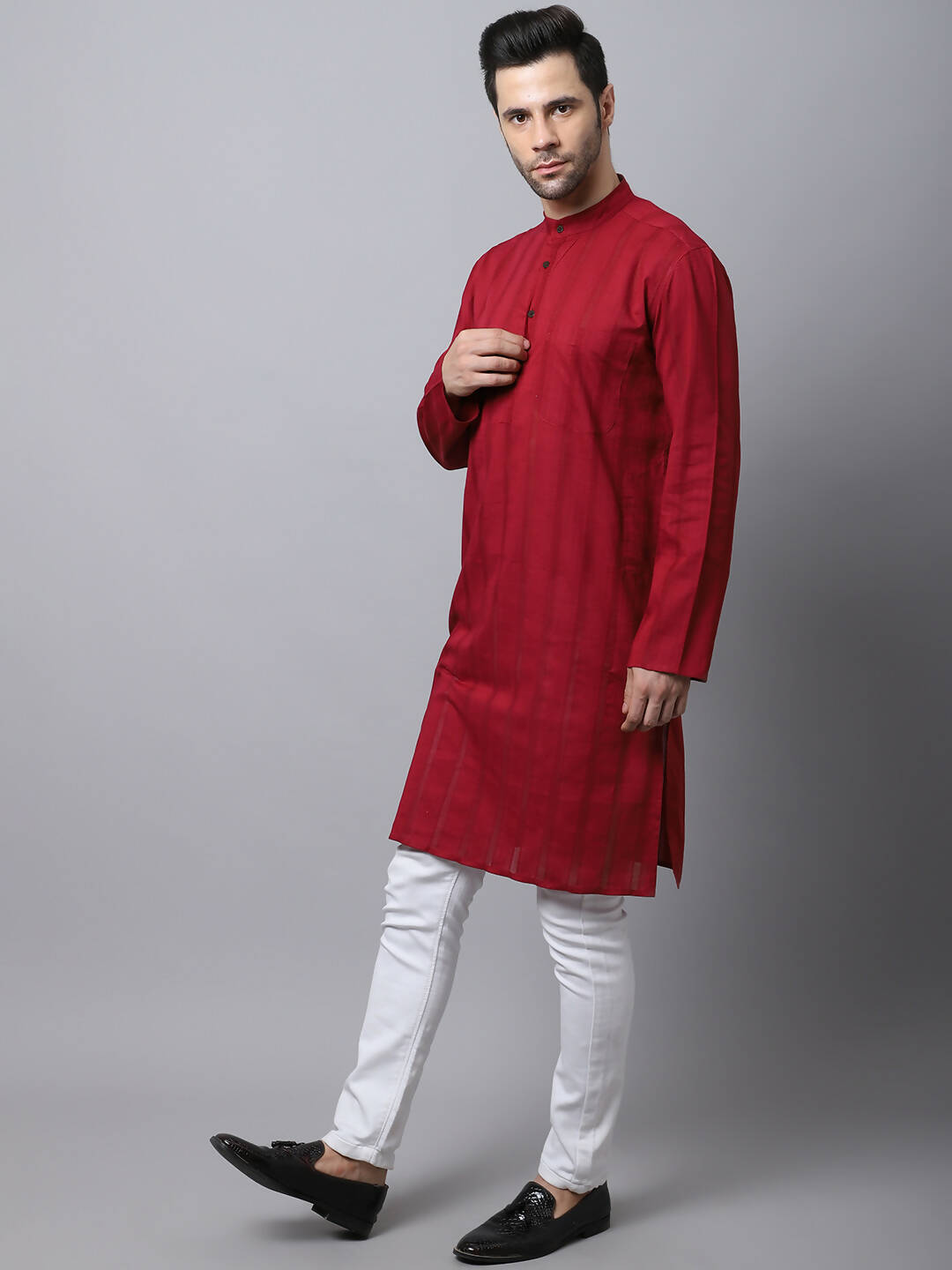 Even Apparels Maroon Pure Cotton Men's Kurta With Band Collar | Grocsy