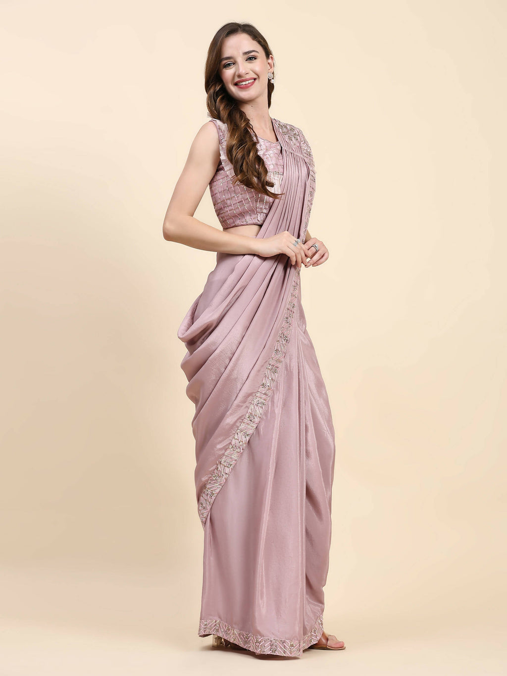 Pink Silk Satin Solid Ready to wear Saree with stitched Blouse - Satiksha | Grocsy