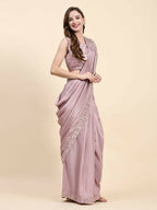 Pink Silk Satin Solid Ready to wear Saree with stitched Blouse - Satiksha | Grocsy