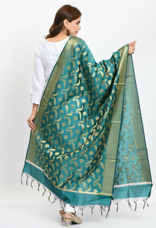 Mominos Fashion Moeza Women's Banarsi Silk Floral Woven Design Rama Green Dupatta | Grocsy