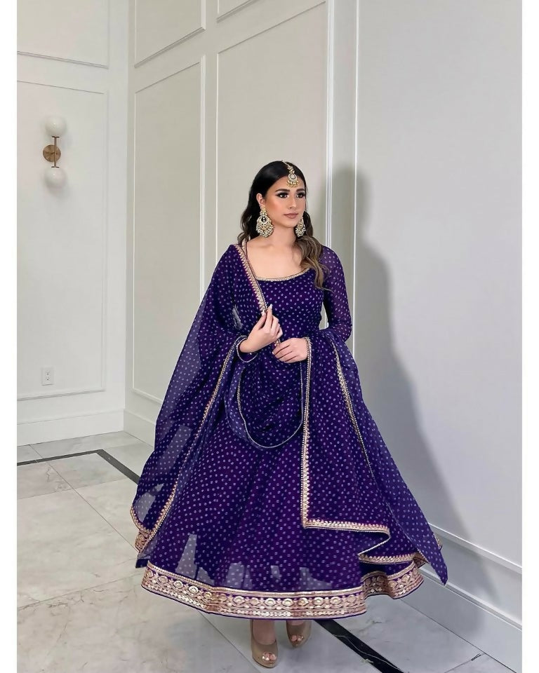 Teeya Creation Purple Color Bandhani Print With Embroidery Work Functional Wear Gown | Grocsy