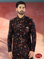 Joban Fashion Men's Wine Base Multi-Colour Straight Velvet Heavy Thread And Sequence Embroidary All Over Indo-Western Kurta Set | Grocsy