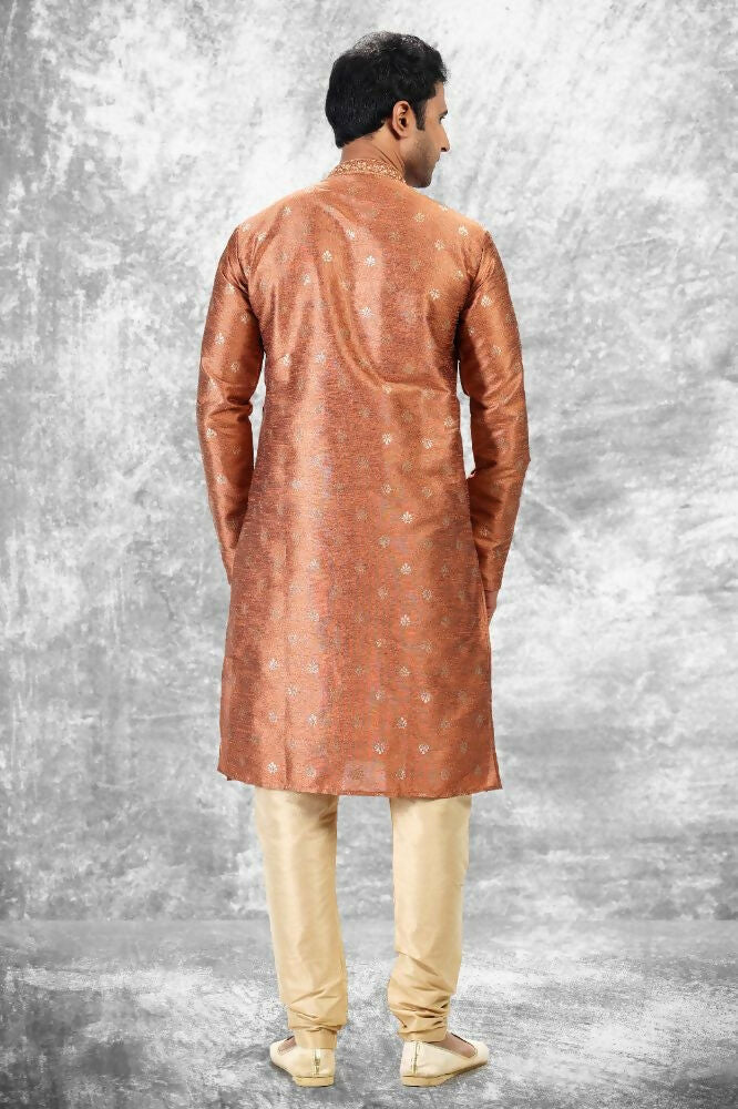 Raivat Ethnic Jacquard Silk Brocade Thread Work Kurta Pajama In Rust Brown Colour | Grocsy
