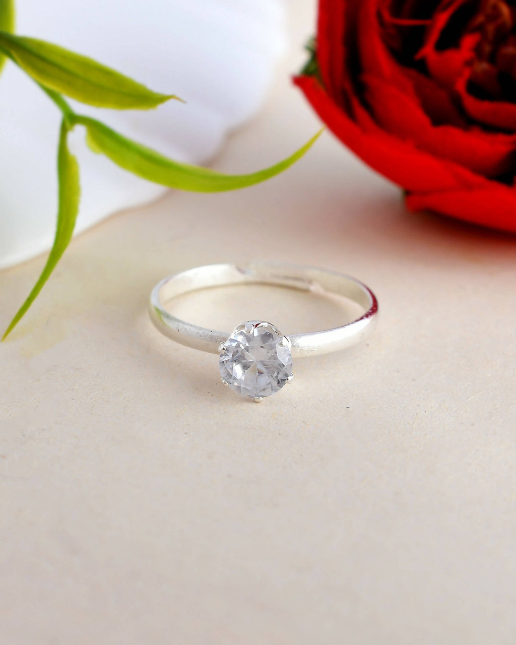 VOJ white CZ-detail Stainless Steel Cubic Zirconia Silver Plated adjustable finger Ring | Grocsy