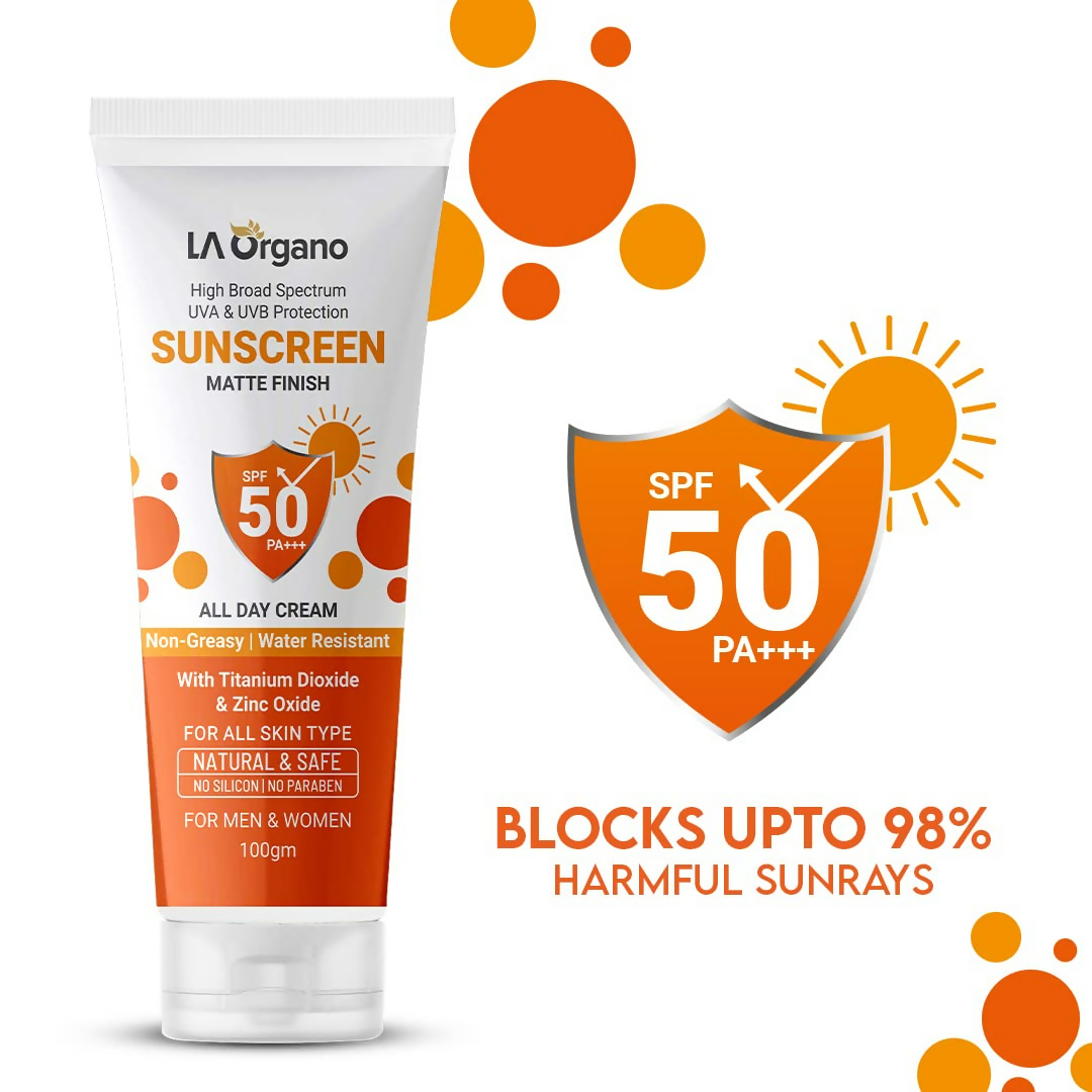 LA Organo Sunscreen Matte Finish All Day Cream SPF 50 PA+++ UVA/UVB Protection | Grocsy