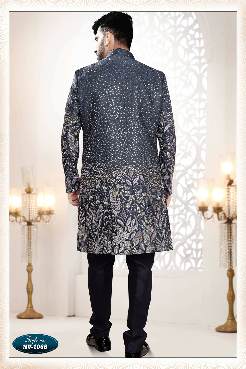 Joban Fashion Men's Blue Straight Silk Thread And Sequence Embroidery All Over 3 Pc Kurta Set | Grocsy