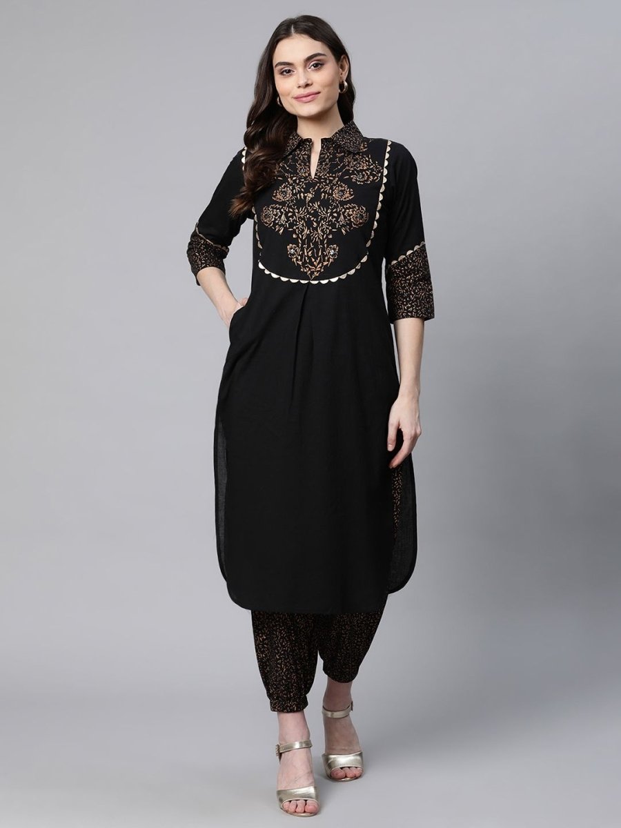 Ahalyaa Women Black Colour Pure Cotton Printed Kurta Pant Set | Grocsy