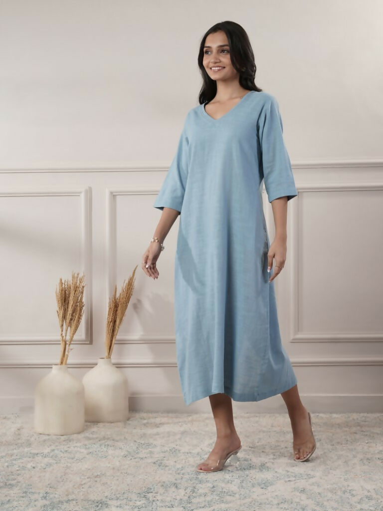 Joban Fashion Women's Smoke Blue V-Neck Dress | Grocsy