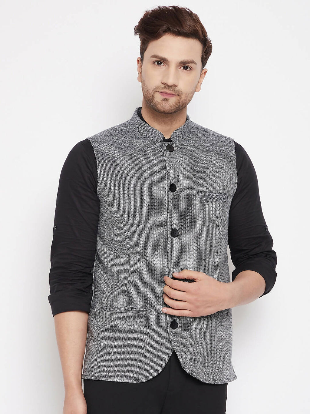 Even Apparels Grey Merino Men Woven Nehru Jacket PW689 | Grocsy