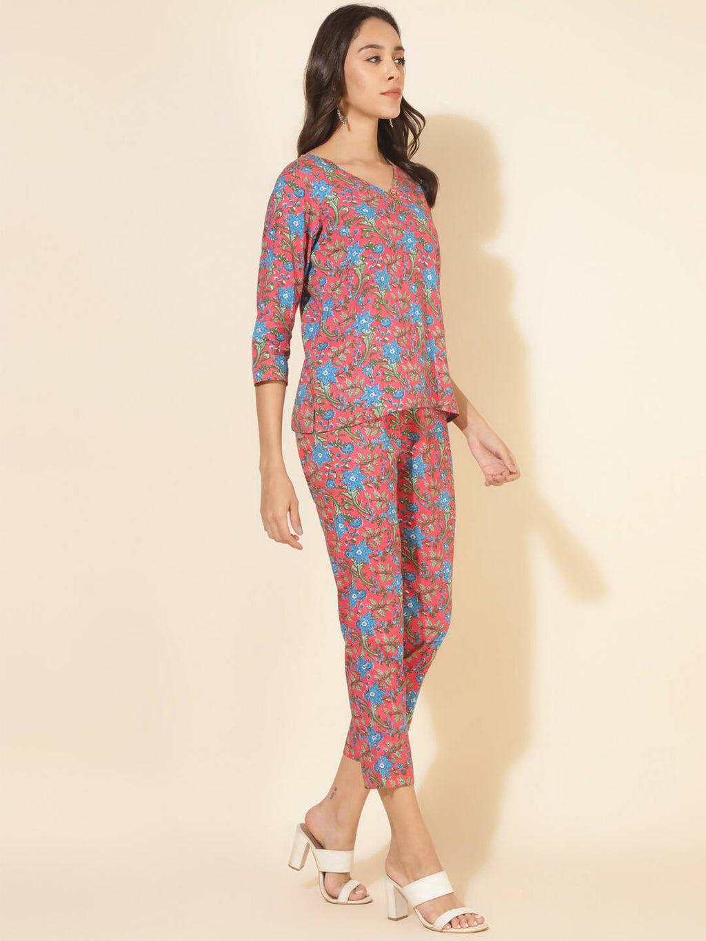 Janasya Women's Pink Cotton Floral Printed Casual Regular Co-ords | Grocsy