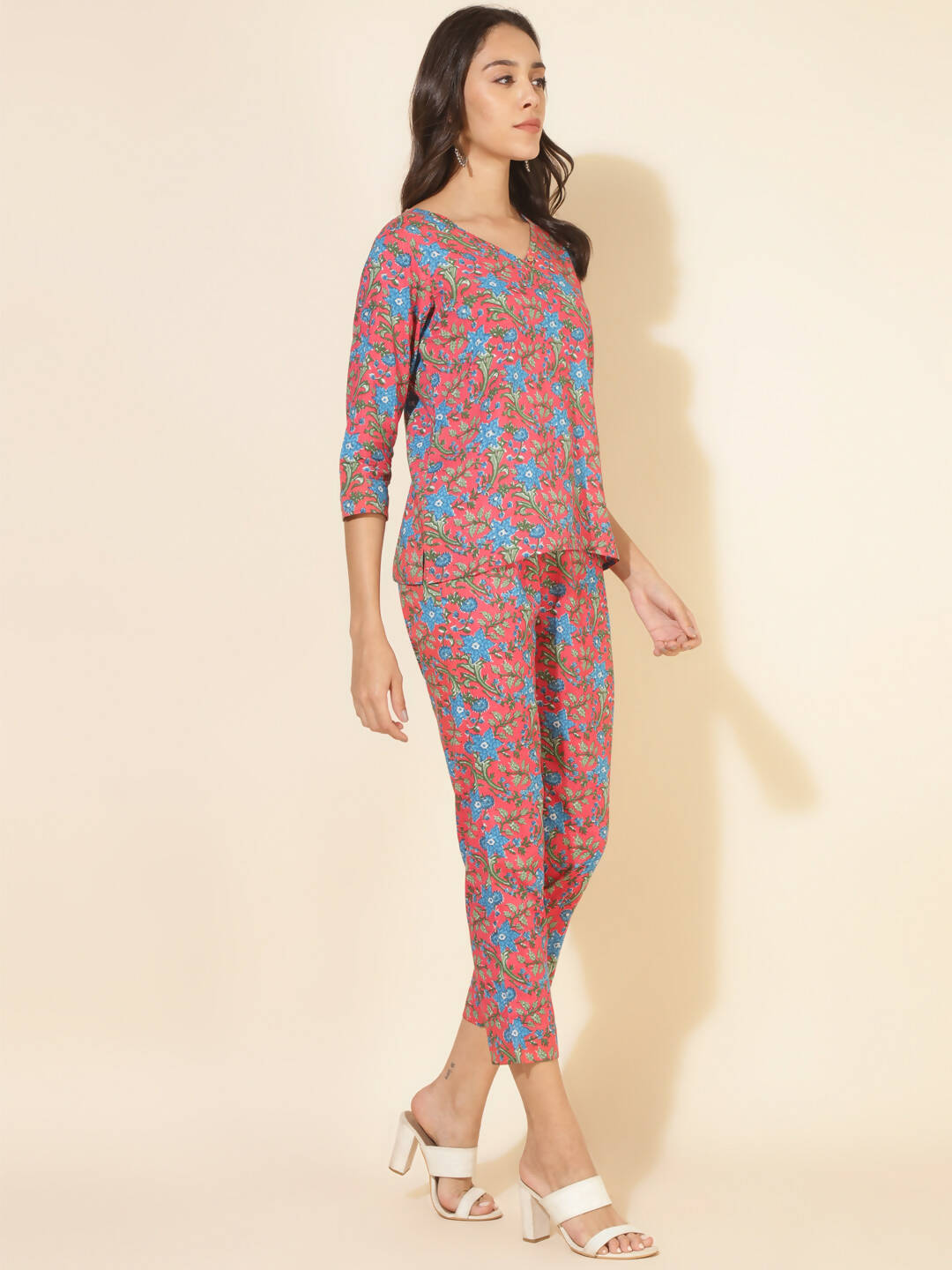 Janasya Women's Pink Cotton Floral Printed Casual Regular Co-ords | Grocsy
