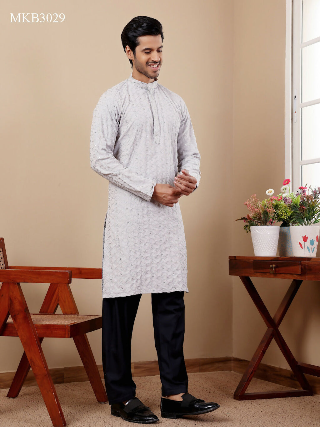 Light Blue Linen Designer Embroidery Work Men's Rajwadi Kurta Set - Mahotsav | Grocsy