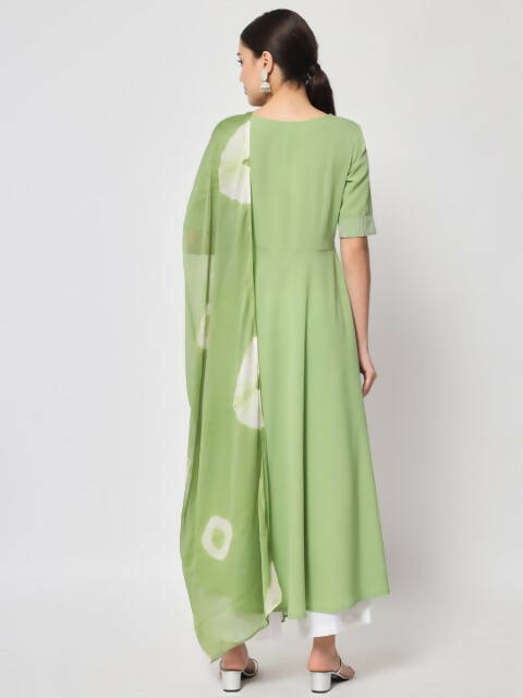 FIORRA Women's Pista Green Poly Crepe Flared Kurta With Dupatta | Grocsy
