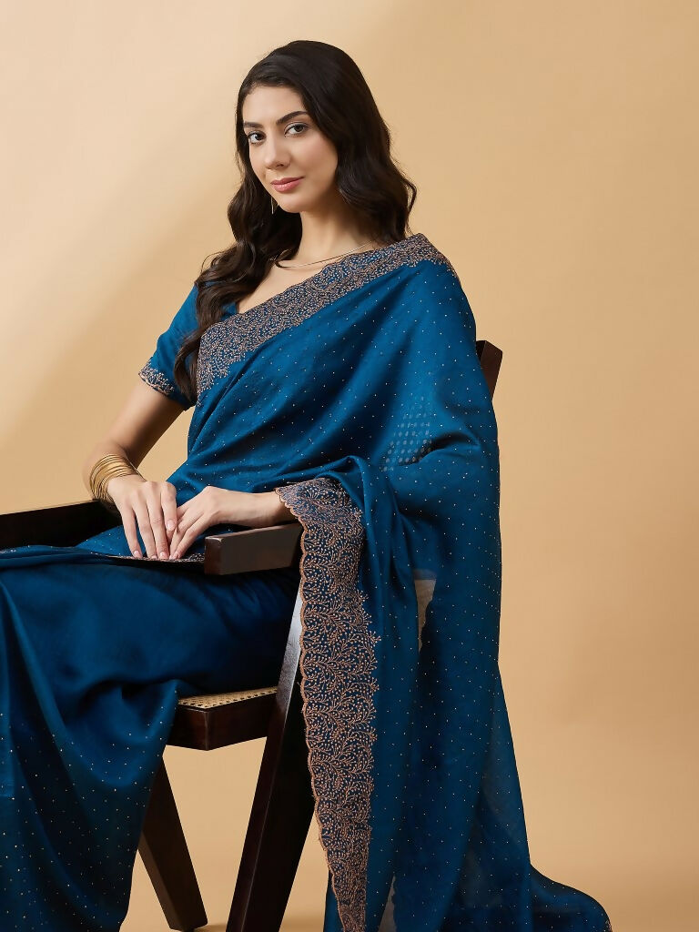 Blue Silk Blend Embroidered Saree with Unstitched Blouse - Vairagi | Grocsy