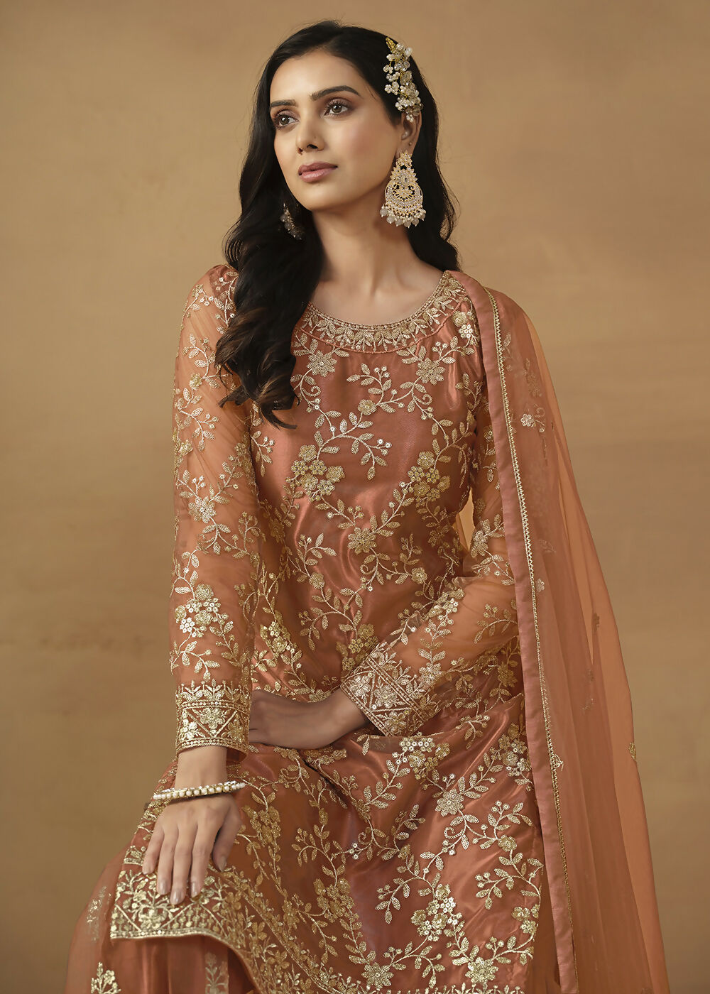 Tangy Brown Net Embroidered Wedding Festive Gharara Suit - Emponline | Grocsy