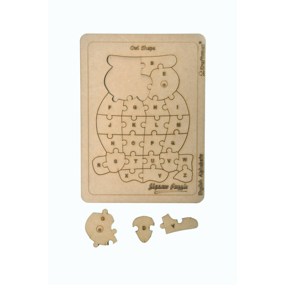 Kraftsman English Alphabets Wooden Jigsaw Puzzles Owl Shape Puzzle | Color Kit Included | Grocsy