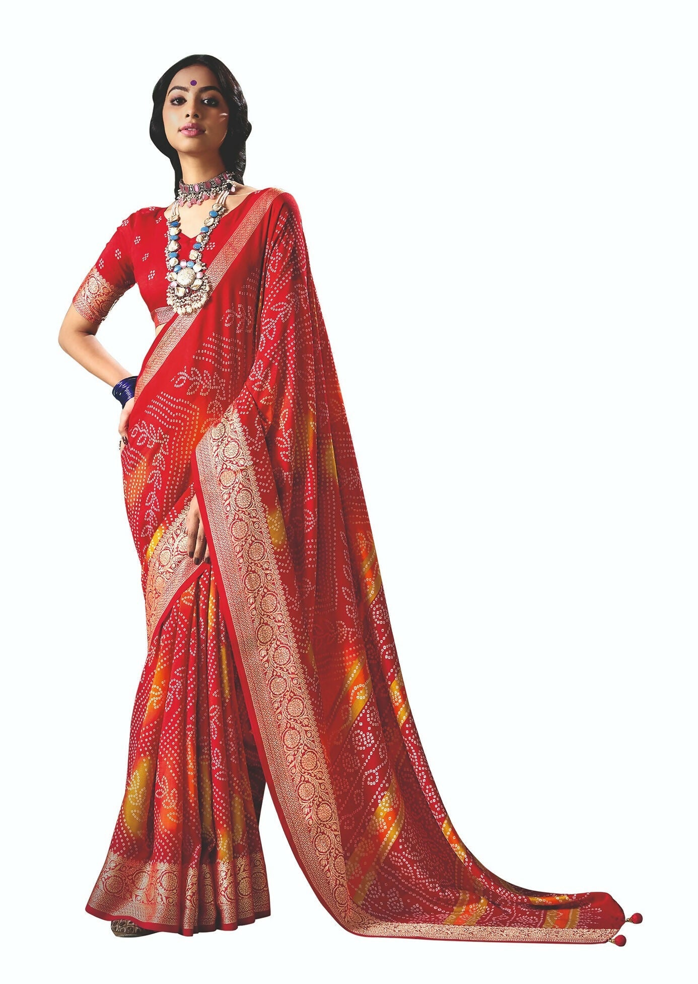 Joban Fashion Vicitra Silk Red Soft Fabric With Digital Print Saree | Grocsy