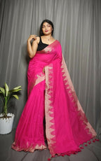 Exclusive Collection Beautiful Pink Pure Cotton Woven Handloom Saree With Running Blouse Piece | Grocsy