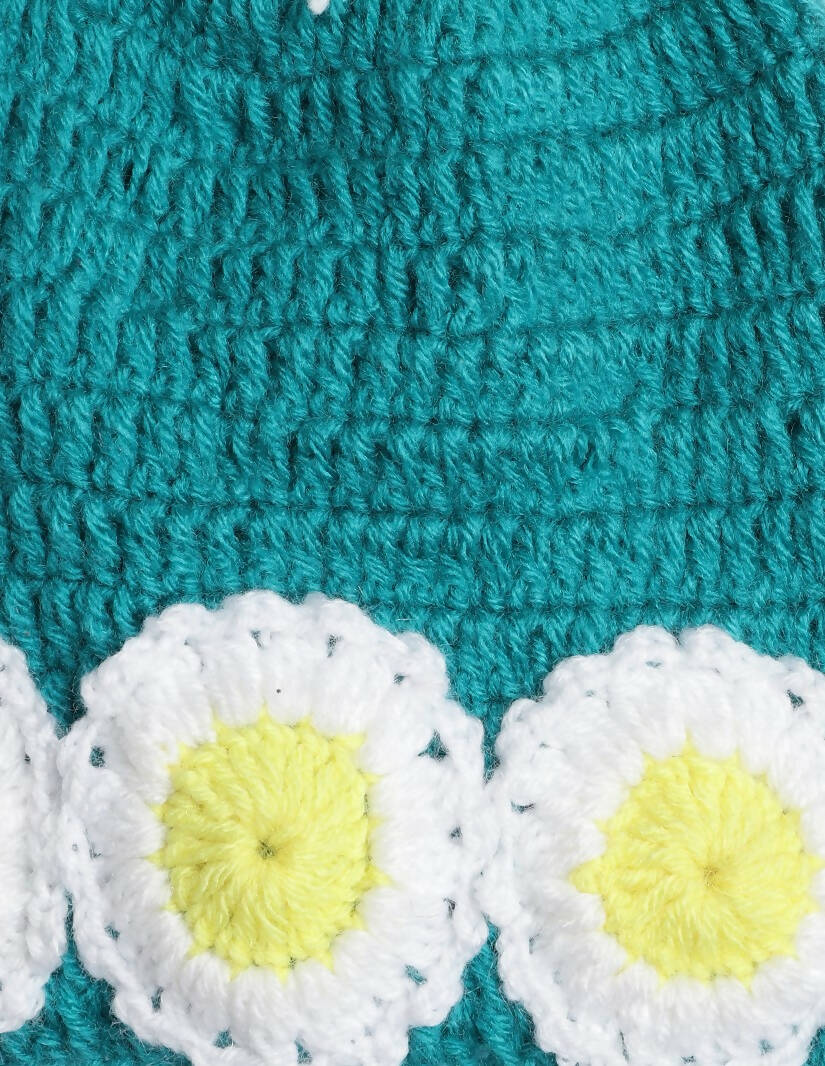 Chutput Kids Woollen Hand Knitted Flower And Pom Pom Detail Cap - Sea Green | Grocsy