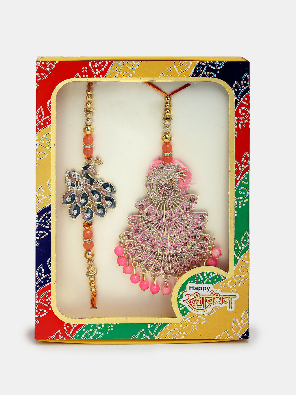 NVR Women & Men Set of 2 Multicolor Peacock Design Stone-Studded & Beaded Bhaiya Bhabhi Rakhi With Roli Chawal | Grocsy