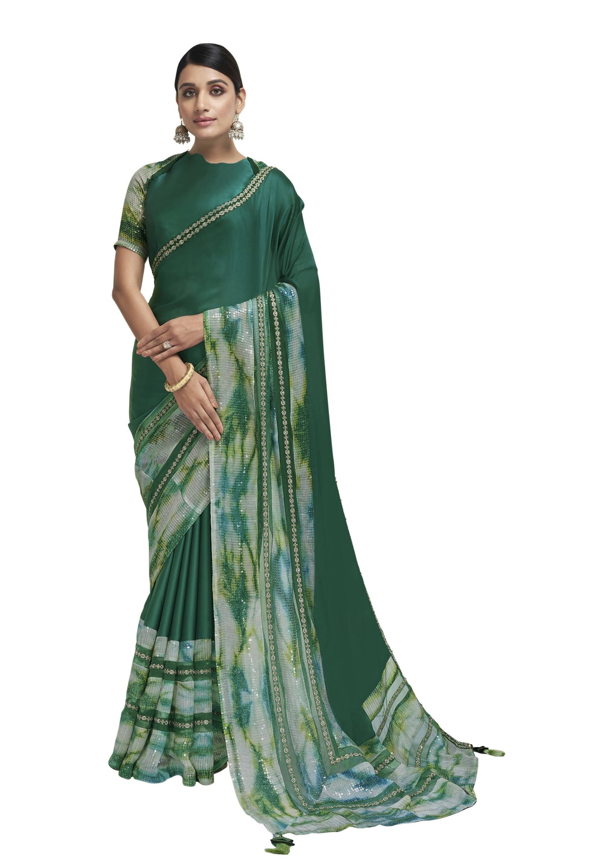 Green Satin Crepe Sequence & Lace Work Saree With Blouse Piece - Norita Avyaan | Grocsy