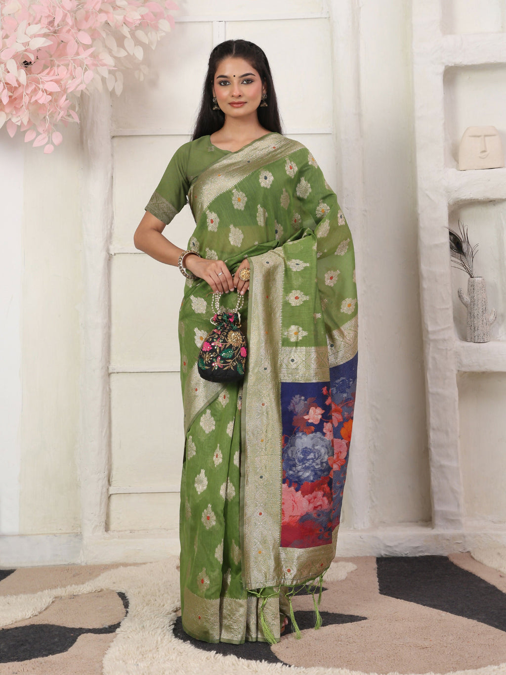 Shree Shyam Fashion Linen Cotton Green Saree | Grocsy