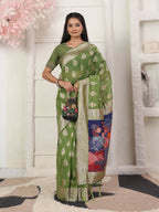 Shree Shyam Fashion Linen Cotton Green Saree | Grocsy