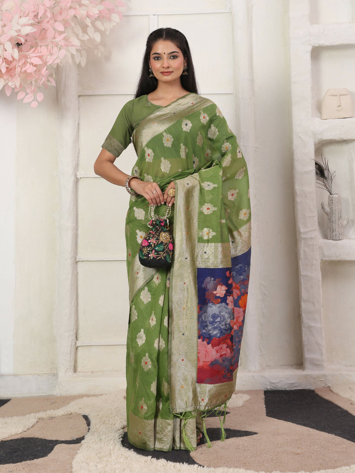 Shree Shyam Fashion Linen Cotton Green Saree | Grocsy