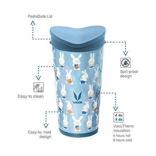 Vaya Drynk Stainless Steel Strawless Silicone Bunnies Print Spout Tumbler With Spill-Proof Pediasafe Lid - 350ml (Blue) | Grocsy