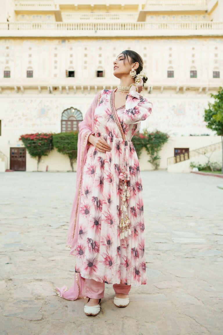 Vaasva White Chinon Floral Embroidered Angrakha Anarkali, Pant & Dupatta set | Grocsy