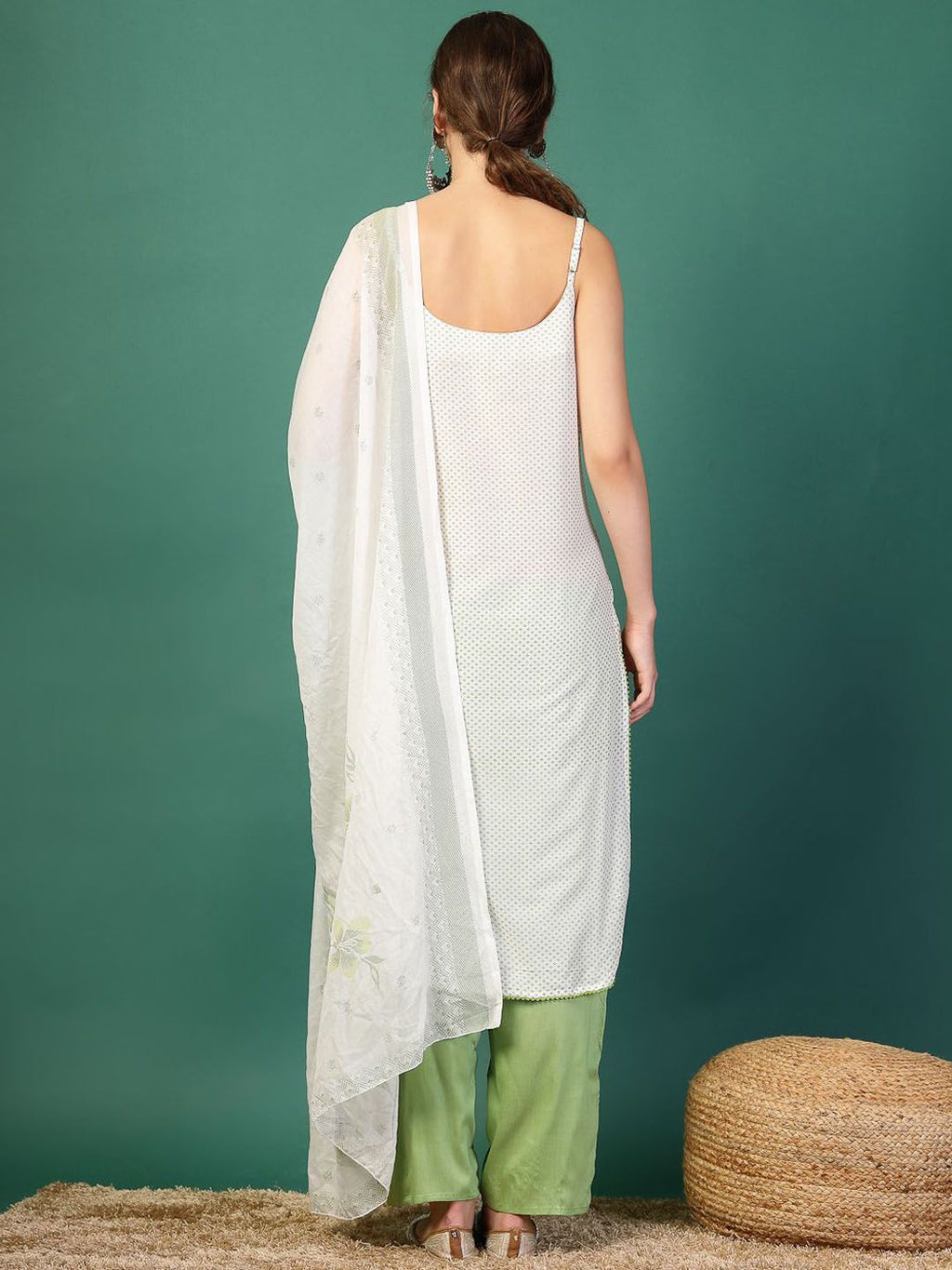 Sangria White Geometric Printed Shoulder Straps Mirror Work Kurta & Palazzos With Dupatta | Grocsy