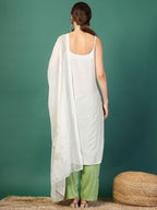Sangria White Geometric Printed Shoulder Straps Mirror Work Kurta & Palazzos With Dupatta | Grocsy