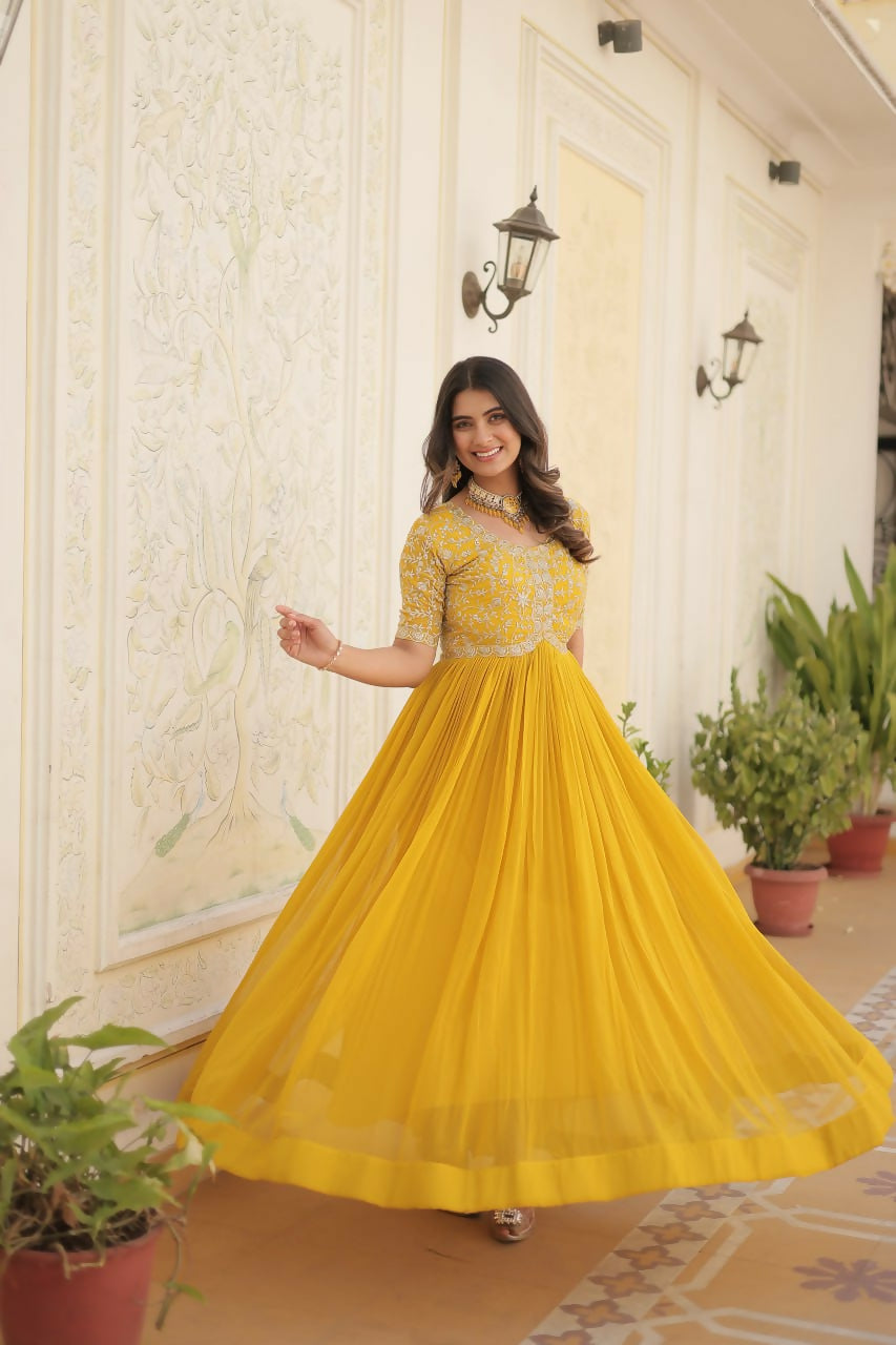 Vastranavya Faux Blooming with Embroidery Zari Sequins-work Gown - Yellow | Grocsy