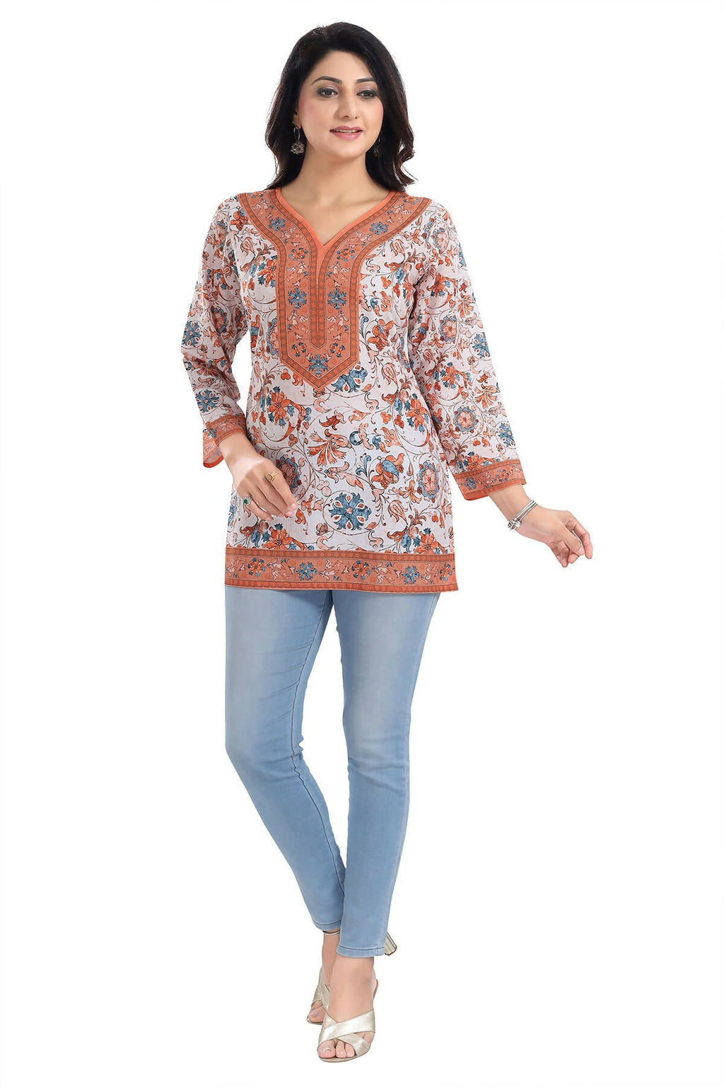 Snehal Creations Cream Faux Crepe Short Kurti Tunic Top | Grocsy