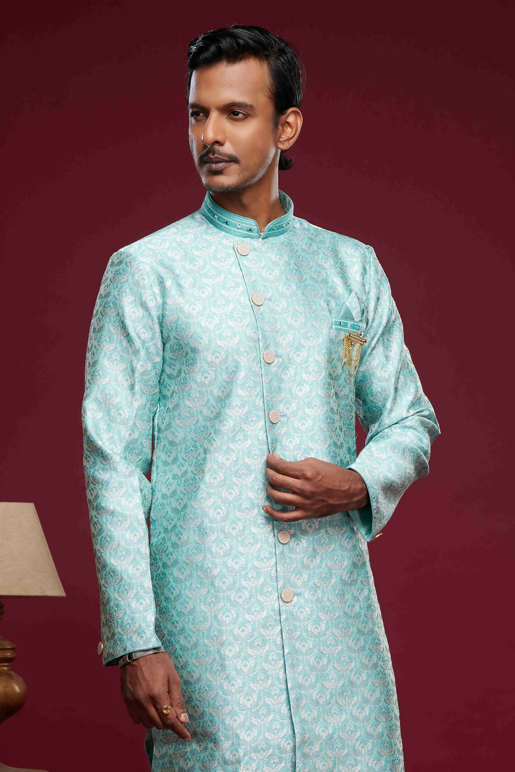 Raivat Ethnic Banarasi Jacquard Embroidery Semi Indo Western Sherwani In Sky Blue Colour | Grocsy