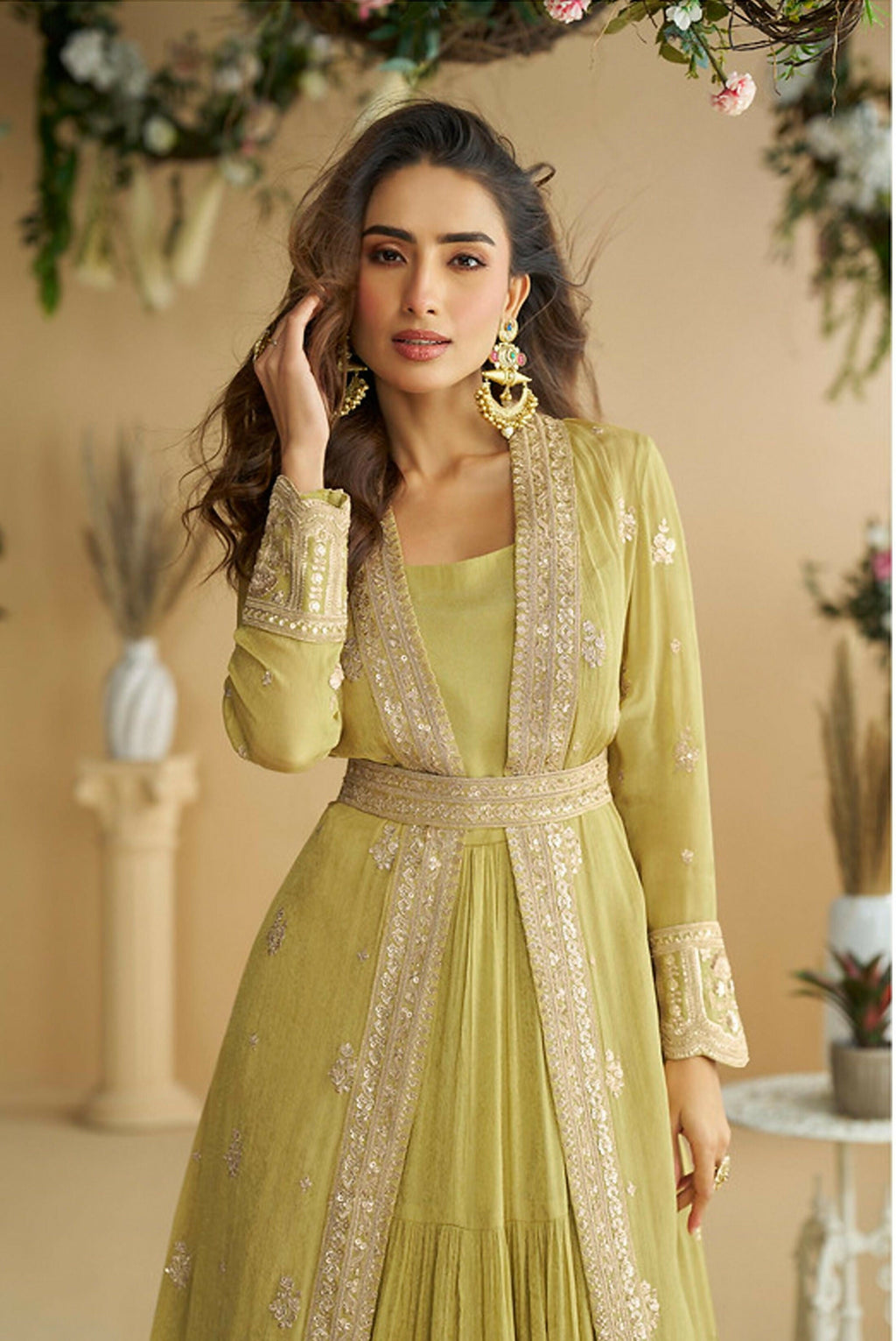 Anaita Mustard Chinon Silk Readymade Anarkali Shrug Gown with Belt & Embroidery Work | Grocsy