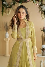 Anaita Mustard Chinon Silk Readymade Anarkali Shrug Gown with Belt & Embroidery Work | Grocsy