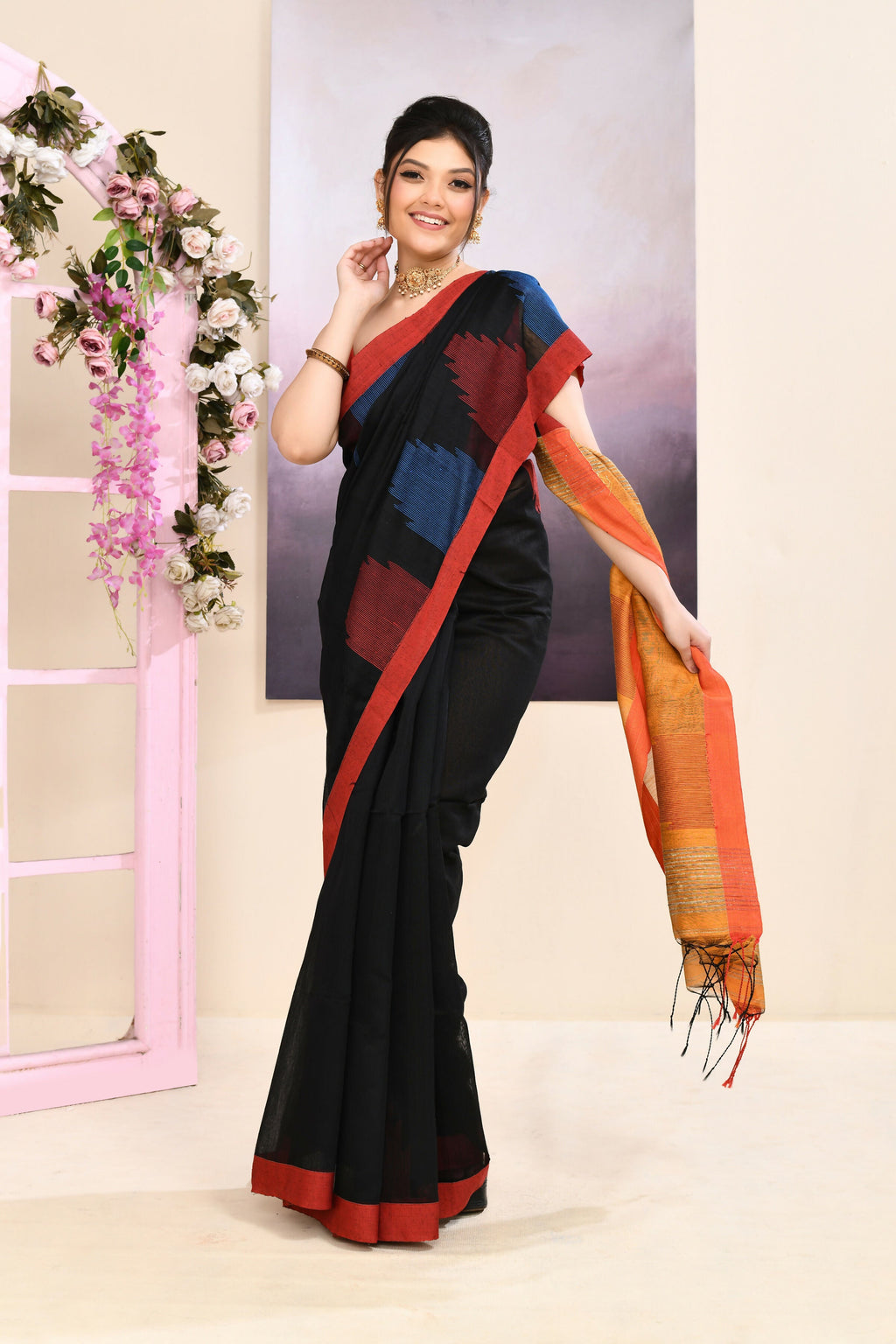 Piyari Fashion Women's Black Temple Border Embellished Cotton Blend Jamdani Saree | Grocsy