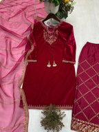 Vastranavya Pink Velvet Sequence Embroidery Work Kurta & Bottom With Dupatta | Grocsy
