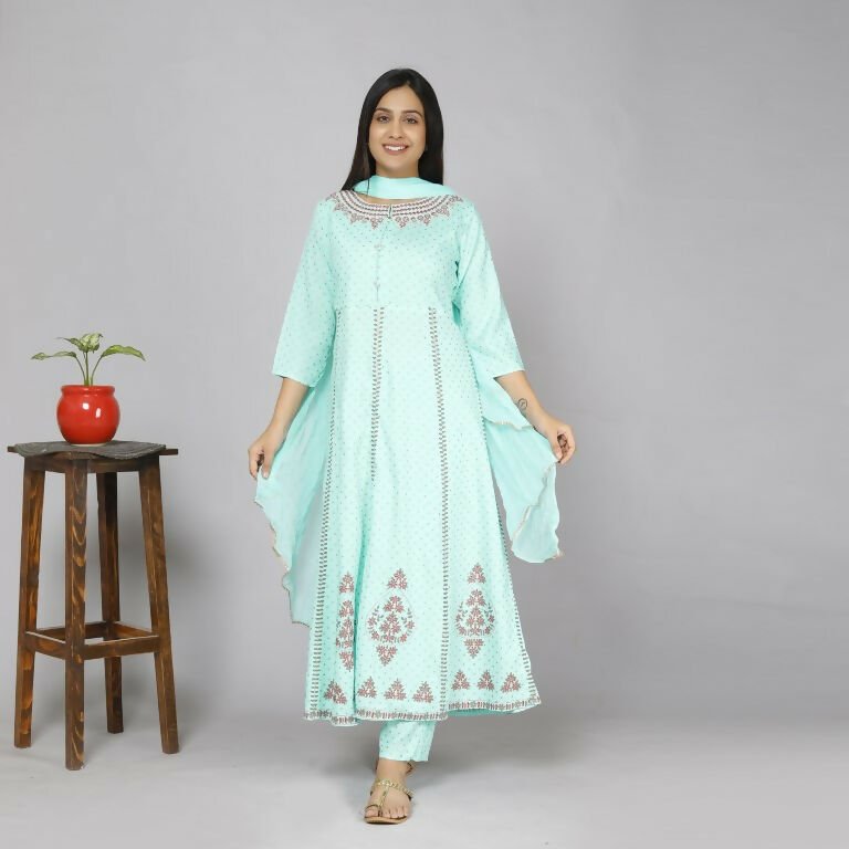 Alvano Women's Stylish Rayon Anarkali Kurta with Pant and Dupatta set Casual wear, Partywear, Wedding | Grocsy