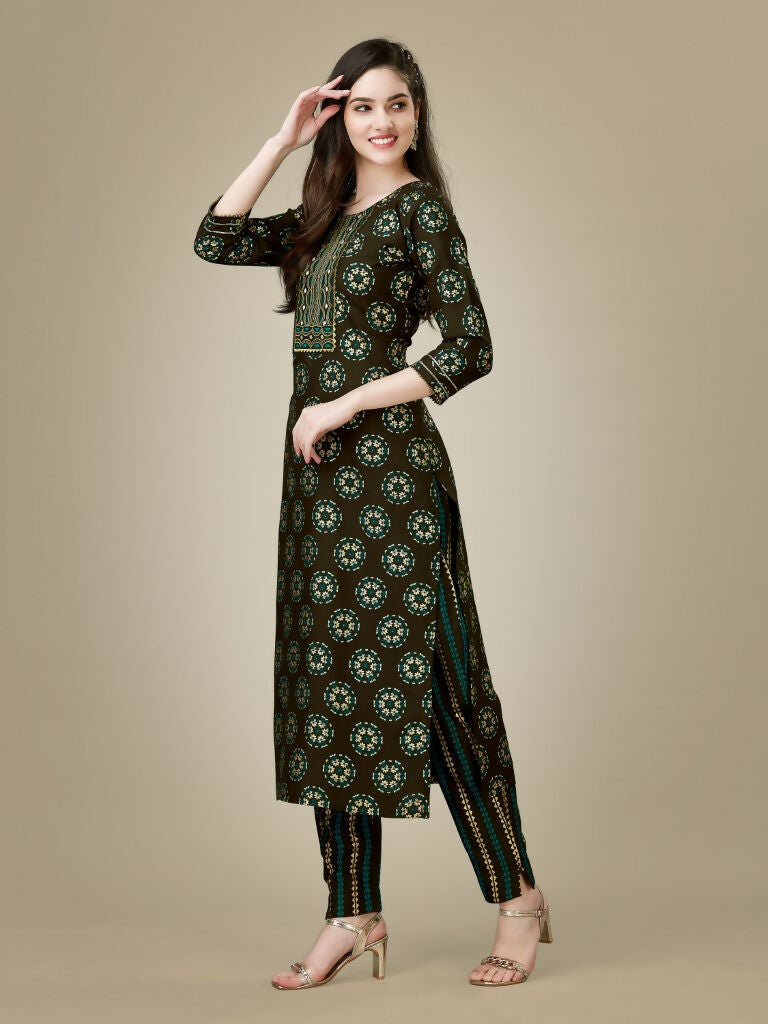Jyoti Fashion Women's Dark Coffee Rayon Embroidered Kurta Pant Set | Grocsy