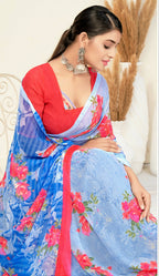 Sky Blue Georgette Floral Printed Saree With Unstitched Blouse Piece - Jyoti | Grocsy
