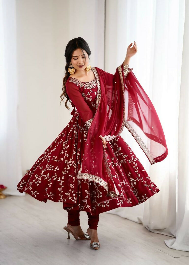 Teeya Creation Maroon Color Heavy Faux Georgette Embroidery Work Gown | Grocsy