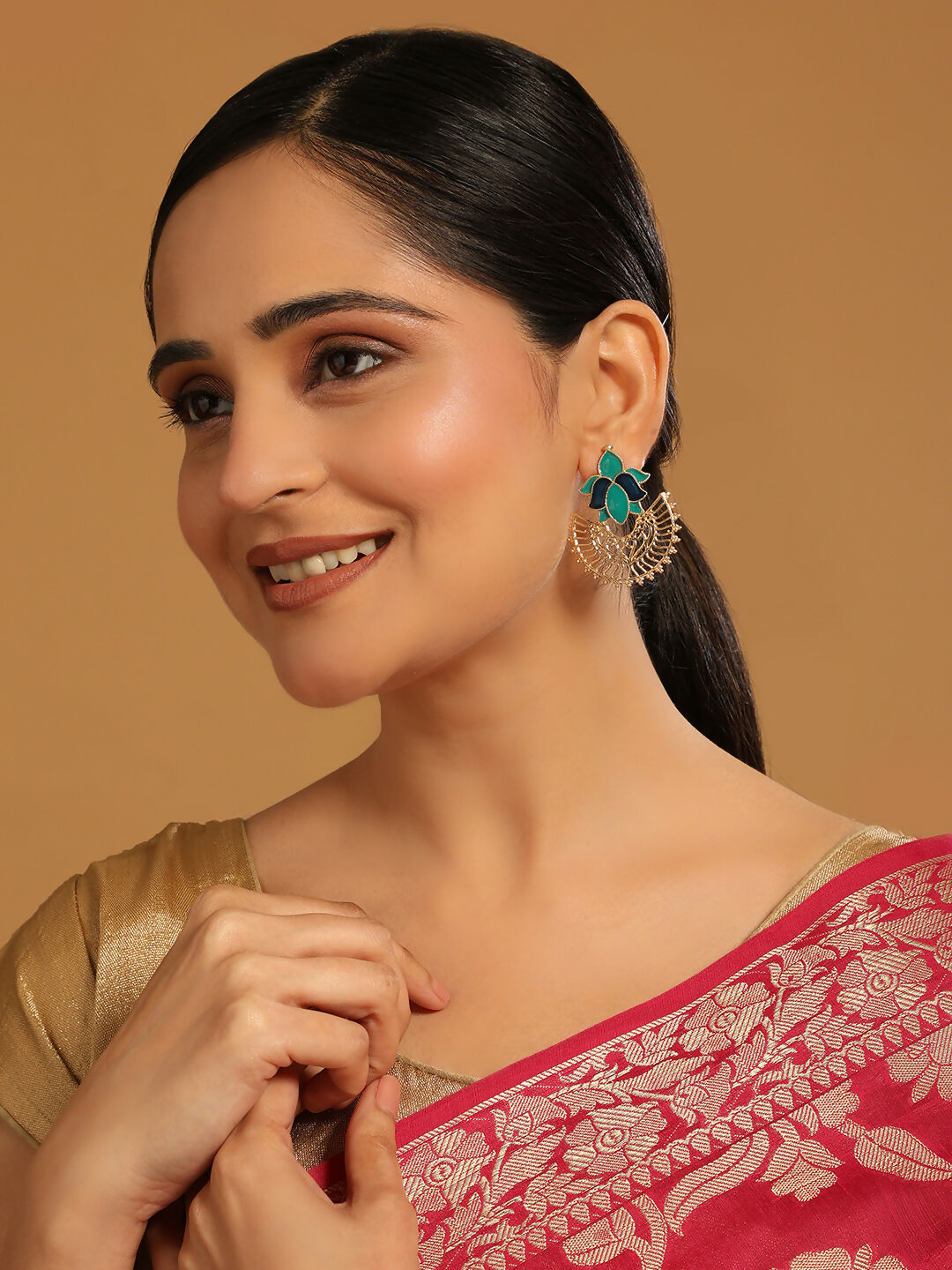 Nuyug 22K Gold Plated Turquoise Enamel Studded Indo-Western Floral Jali Statement Stud Earrings | Grocsy