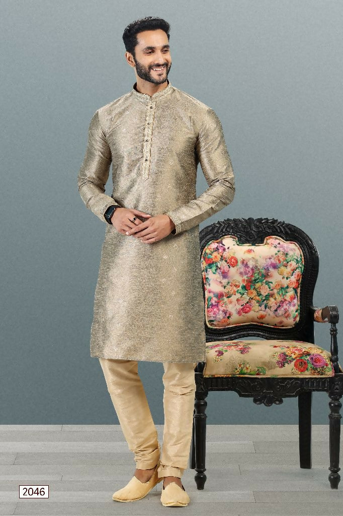 Raivat Ethnic Jacquard Banarasi Silk Pintux Work Kurta Pajama In Tusser Colour | Grocsy