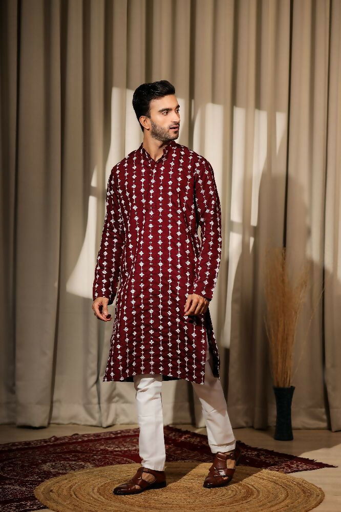Maroon Viscose Designer Embroidery Work Kurta Set - Mahotsav | Grocsy