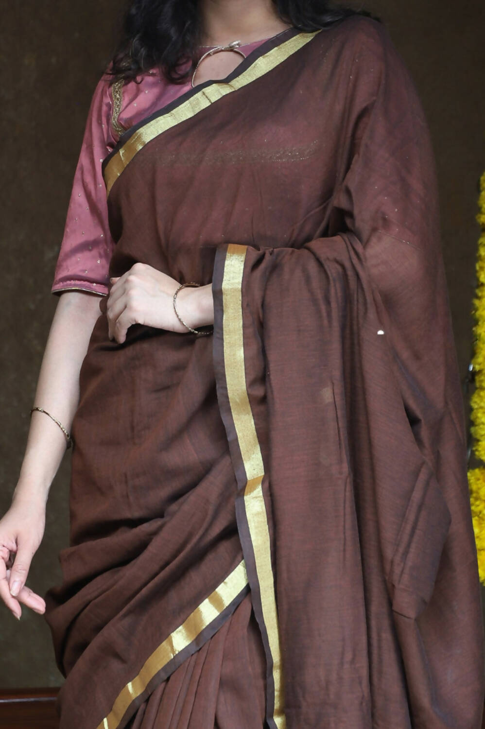 Very Much Indian Pure Cotton Handloom Saree With Intricate Borders - Brown | Grocsy