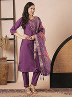 Purple Viscose Chanderi Embroidery Work Kurta Set - Riya | Grocsy
