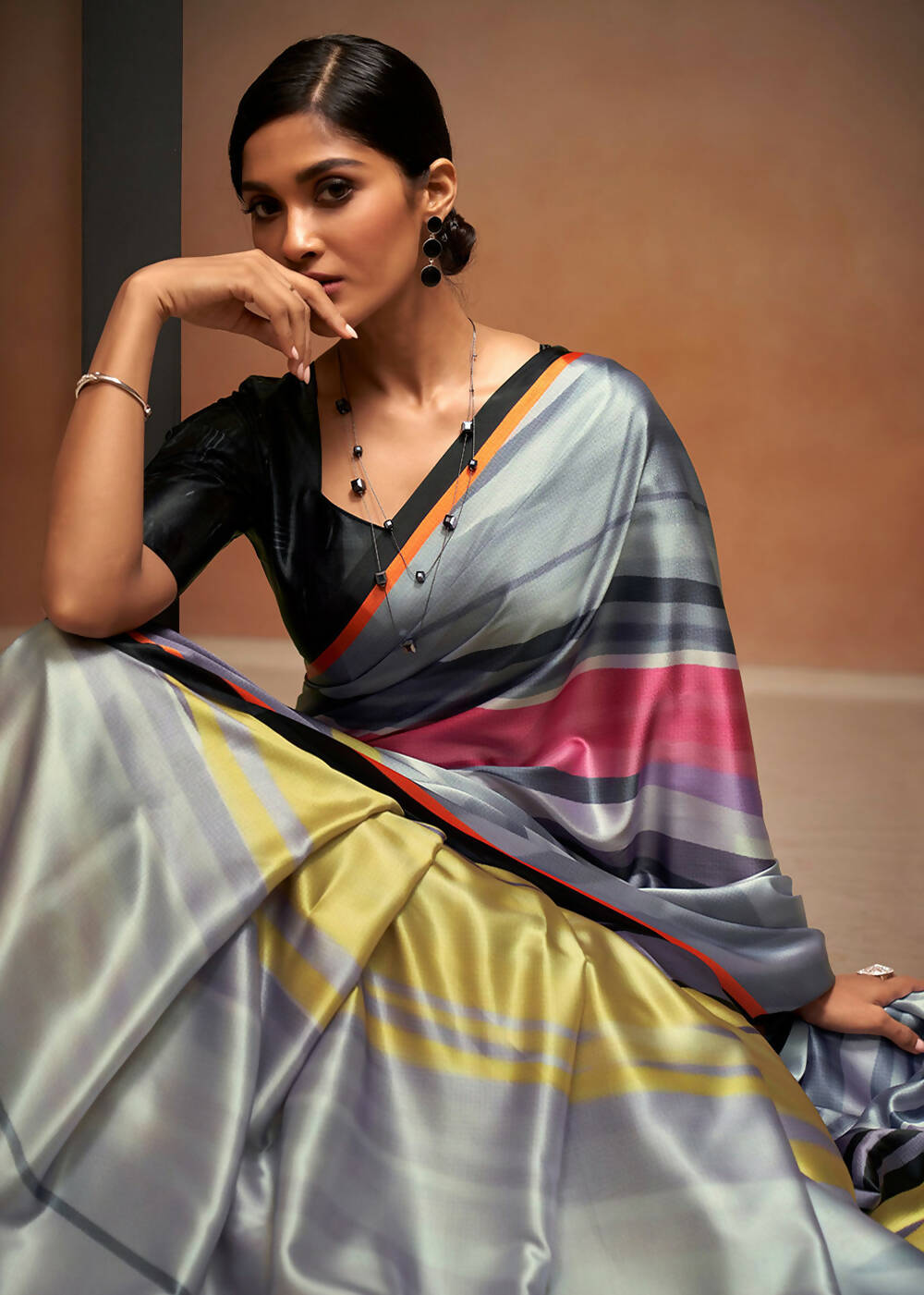 Grey Satin Digital Printed Saree with Unstitched Blouse Piece - Jodha | Grocsy