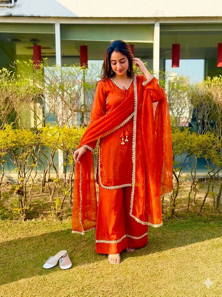 Teeya Creation New Trendy Elegant Orange Chanderi Silk Kurta Set with Delicate Lace Detailing and Matching Dupatta | Grocsy